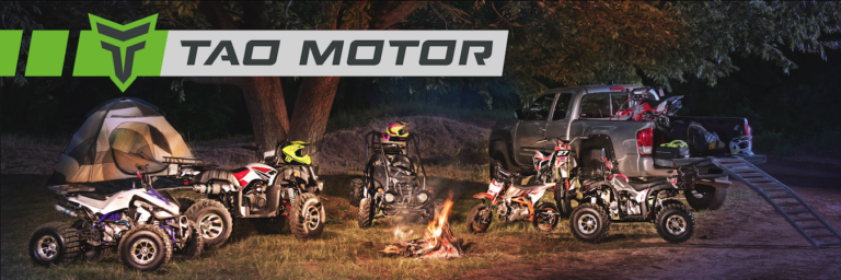 Tao Motor ATVs, dirt bikes and go karts at a campsite